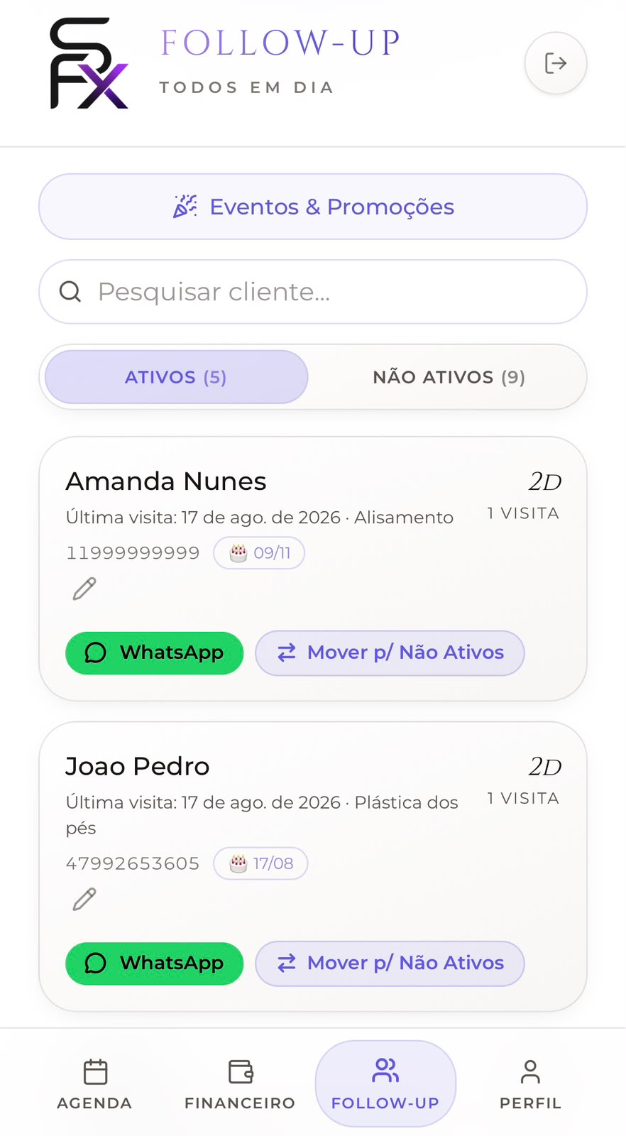 Follow-up de clientes ativos e não ativos com botão de WhatsApp