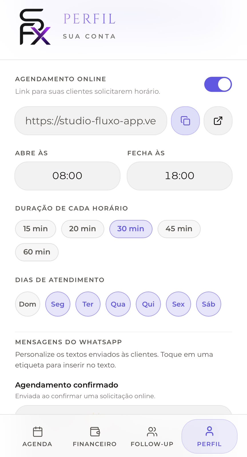 Perfil com agendamento online, horários e mensagens de WhatsApp