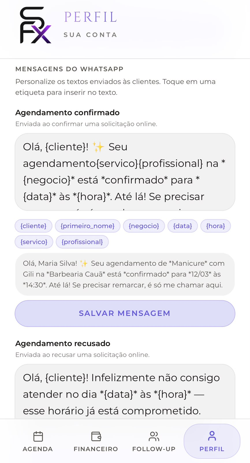 Mensagens automáticas de WhatsApp personalizáveis