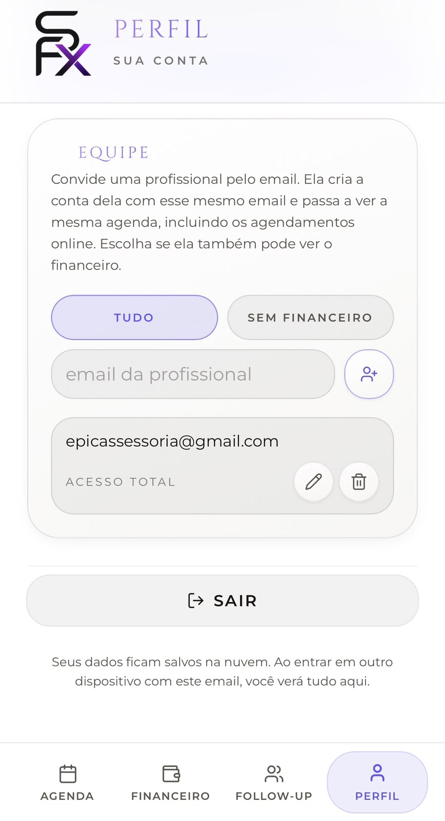 Convite de equipe com níveis de acesso