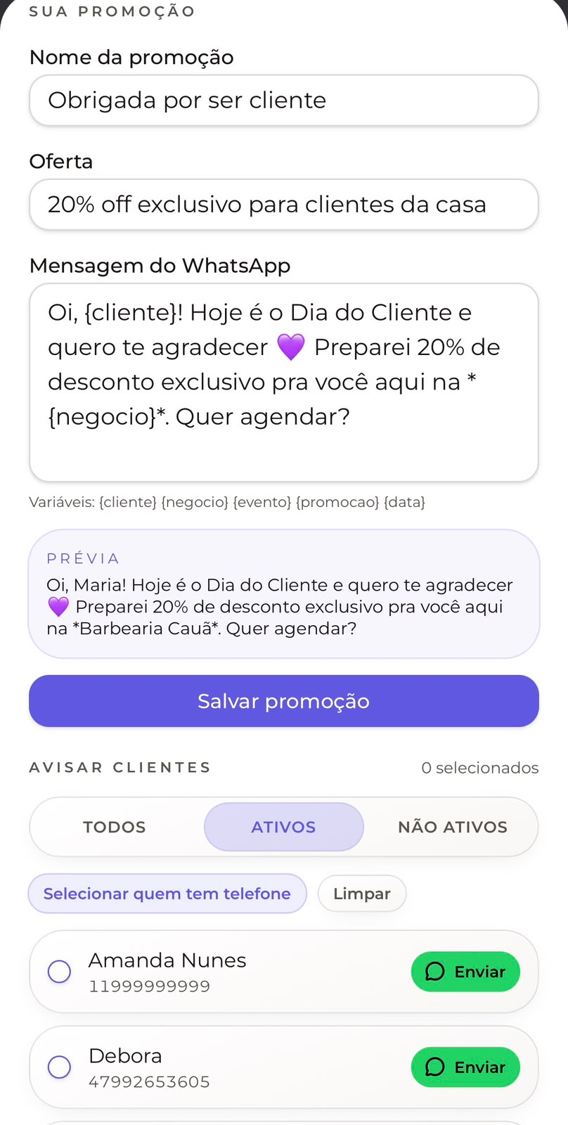 Criação de promoção com mensagem de WhatsApp e lista de clientes