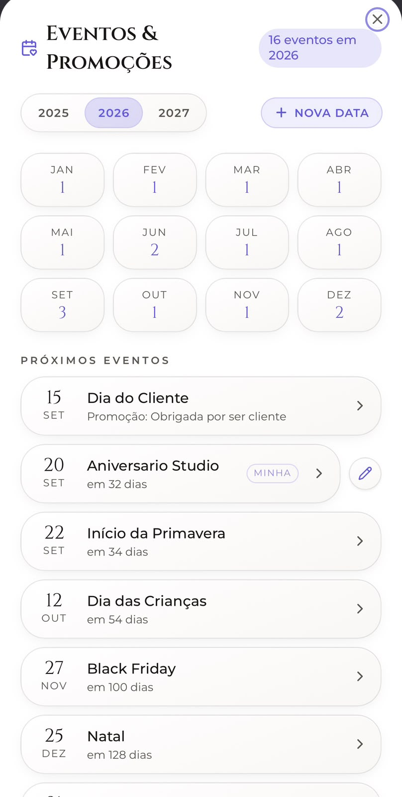Calendário de eventos e promoções do ano